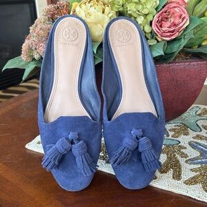 Tory Burch Genuine Suede Salinas Mule Blue Tassel Slip On Loafers Office Flats